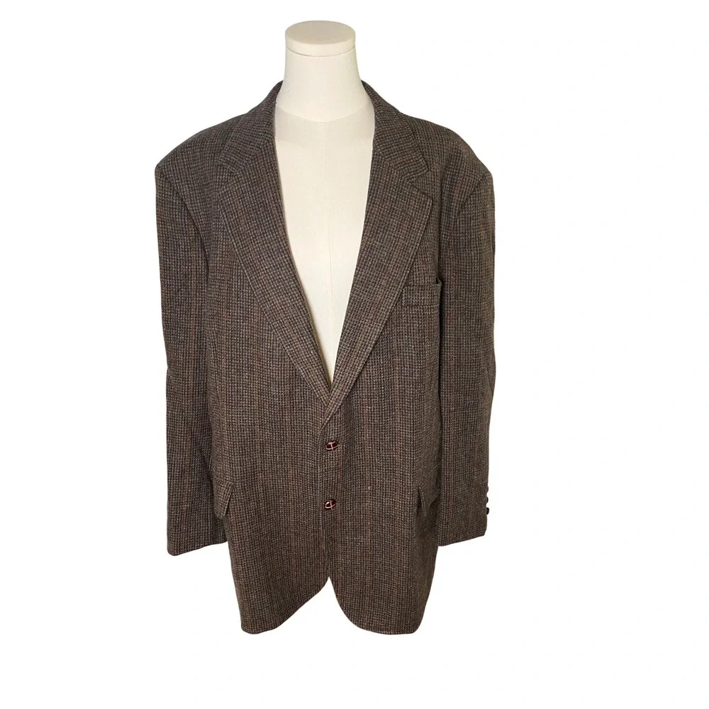 Vintage Wool Tweed Blazer‎ 46L Trophy Club Brown Plaid Academia Heritage Jacket